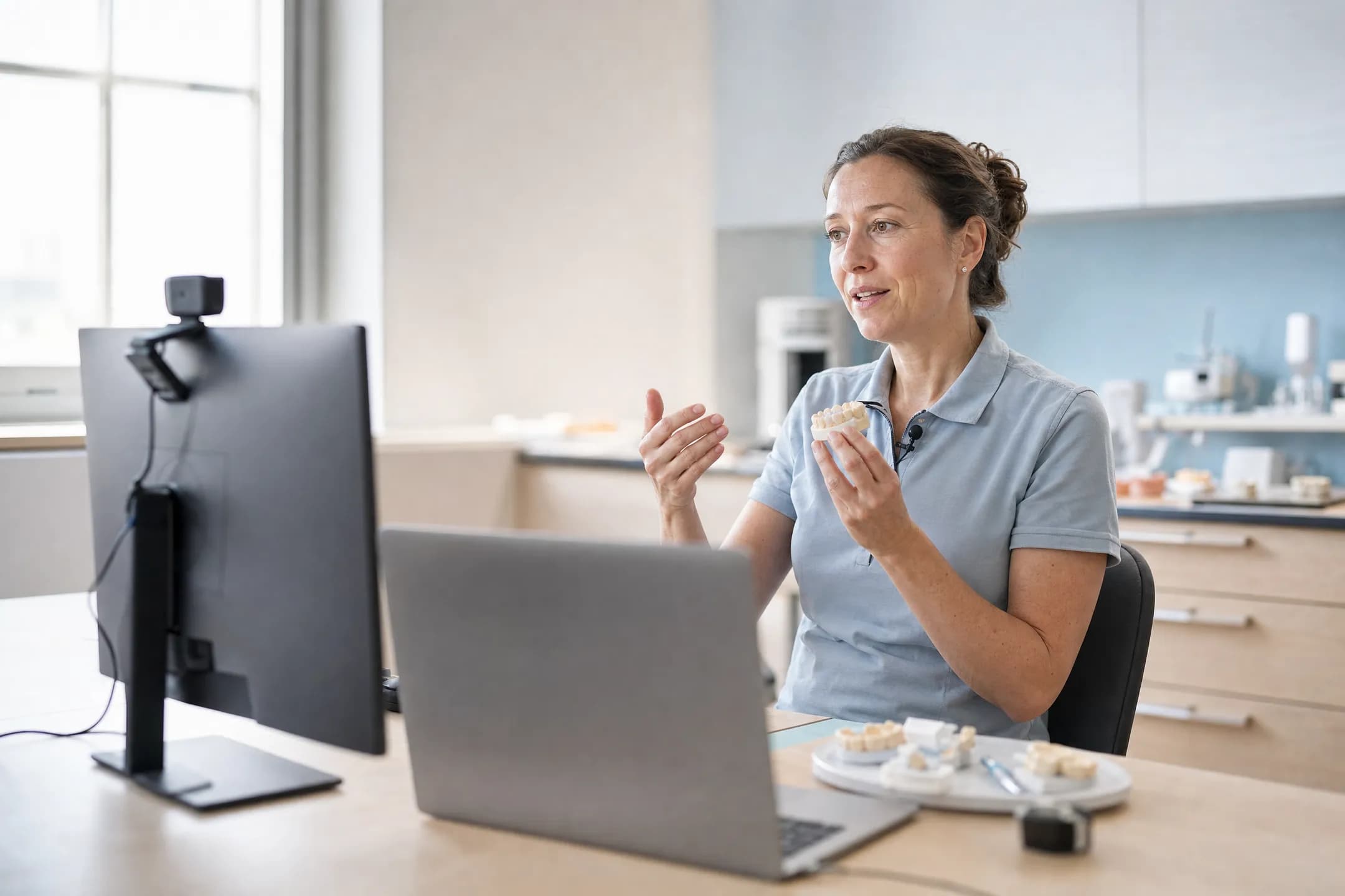A trainer records a lesson at her lab desk, with a webcam and a microphone