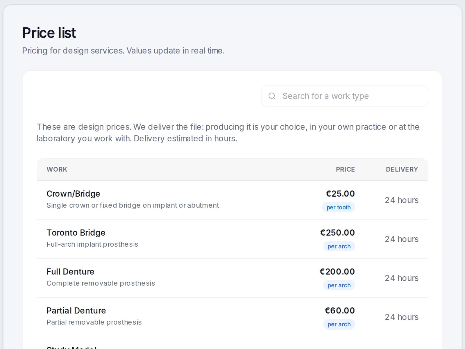 The Dentra Core Price list: for each type of work the price, per tooth or per arch, and delivery in hours