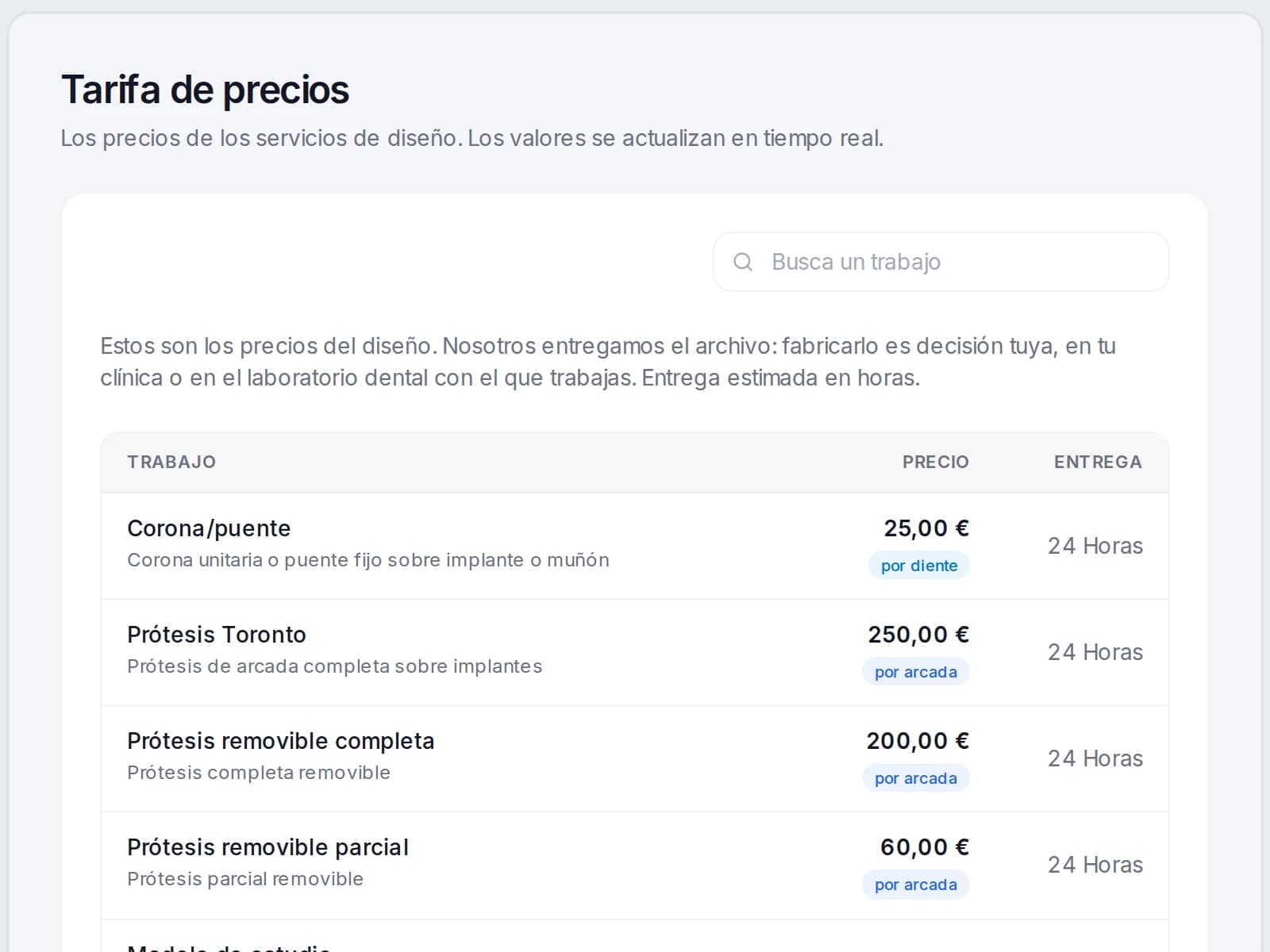 La tarifa de precios de Dentra Core: para cada trabajo el precio, por pieza o por arcada, y la entrega en horas