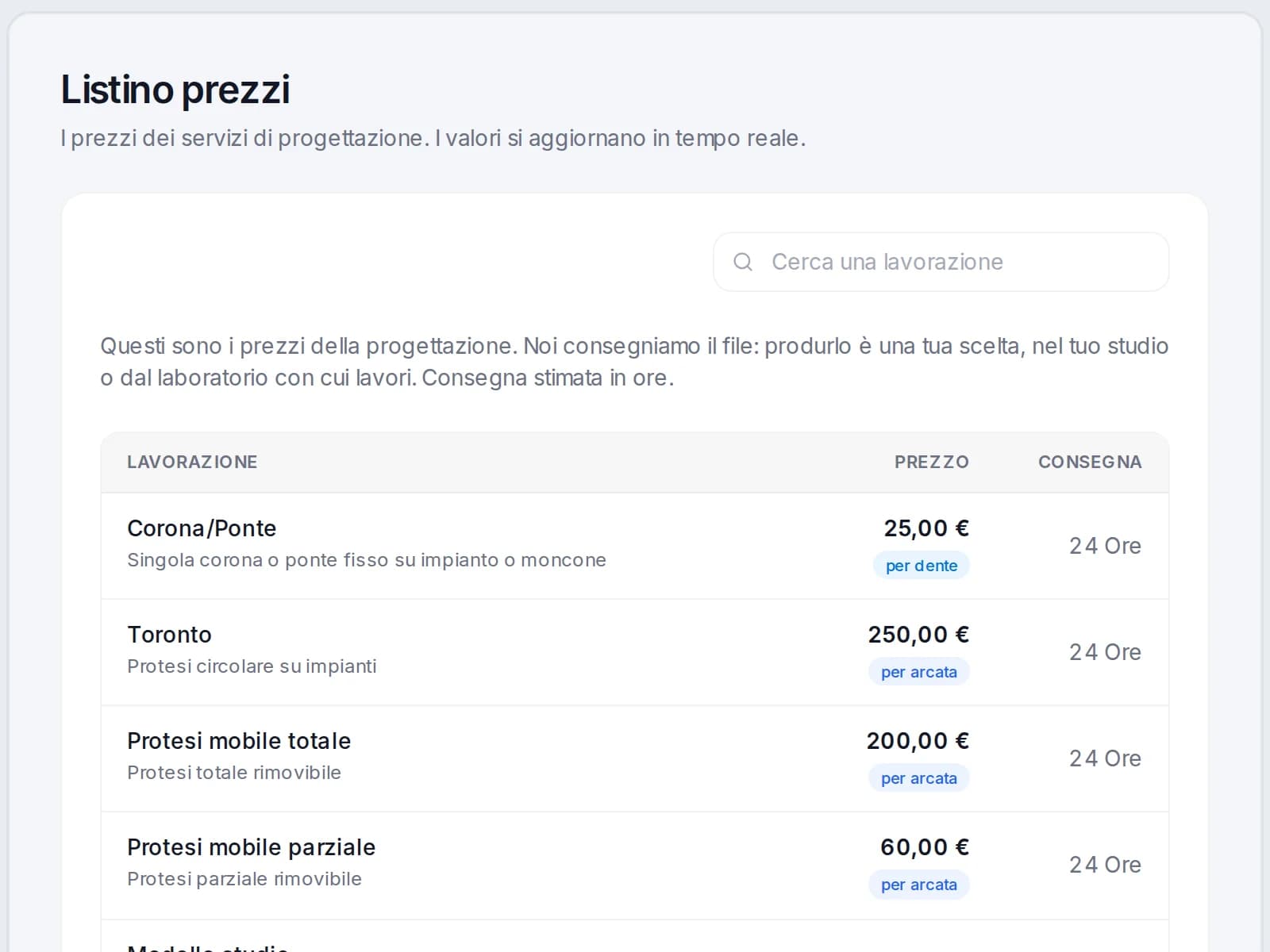 Il Listino prezzi di Dentra Core: per ogni lavorazione il prezzo, a dente o ad arcata, e la consegna in ore