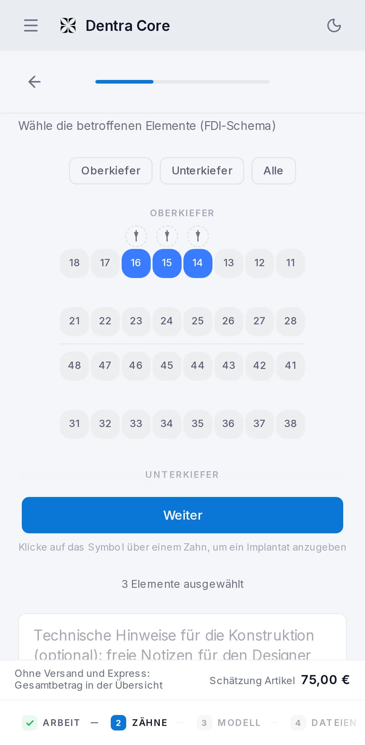 Derselbe Schritt des neuen Auftrags auf dem Smartphone: das Zahnschema als Spalte und die Schaltfläche „Weiter“