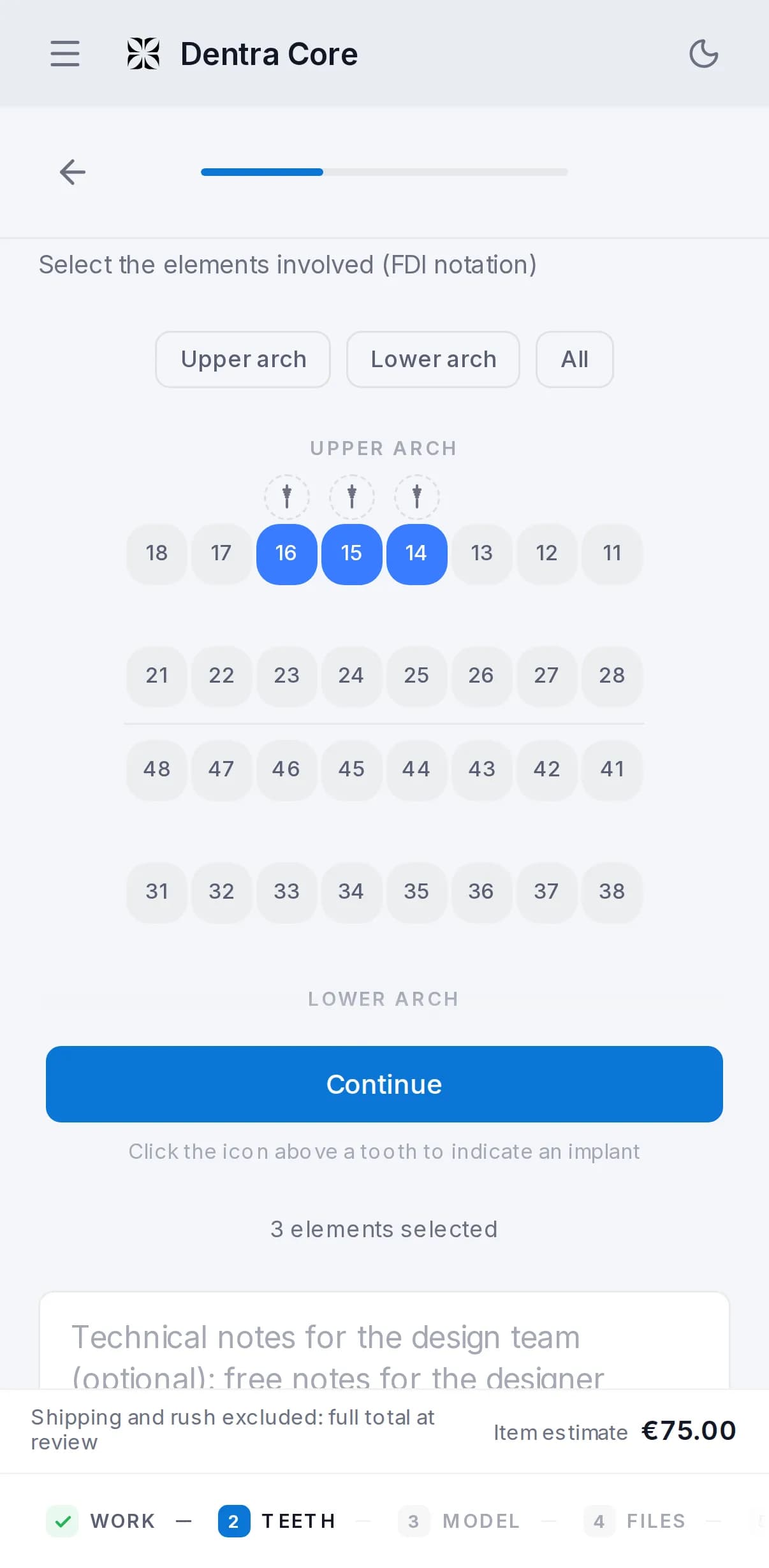 The same new order step on a phone: the tooth chart in a column and the “Continue” button