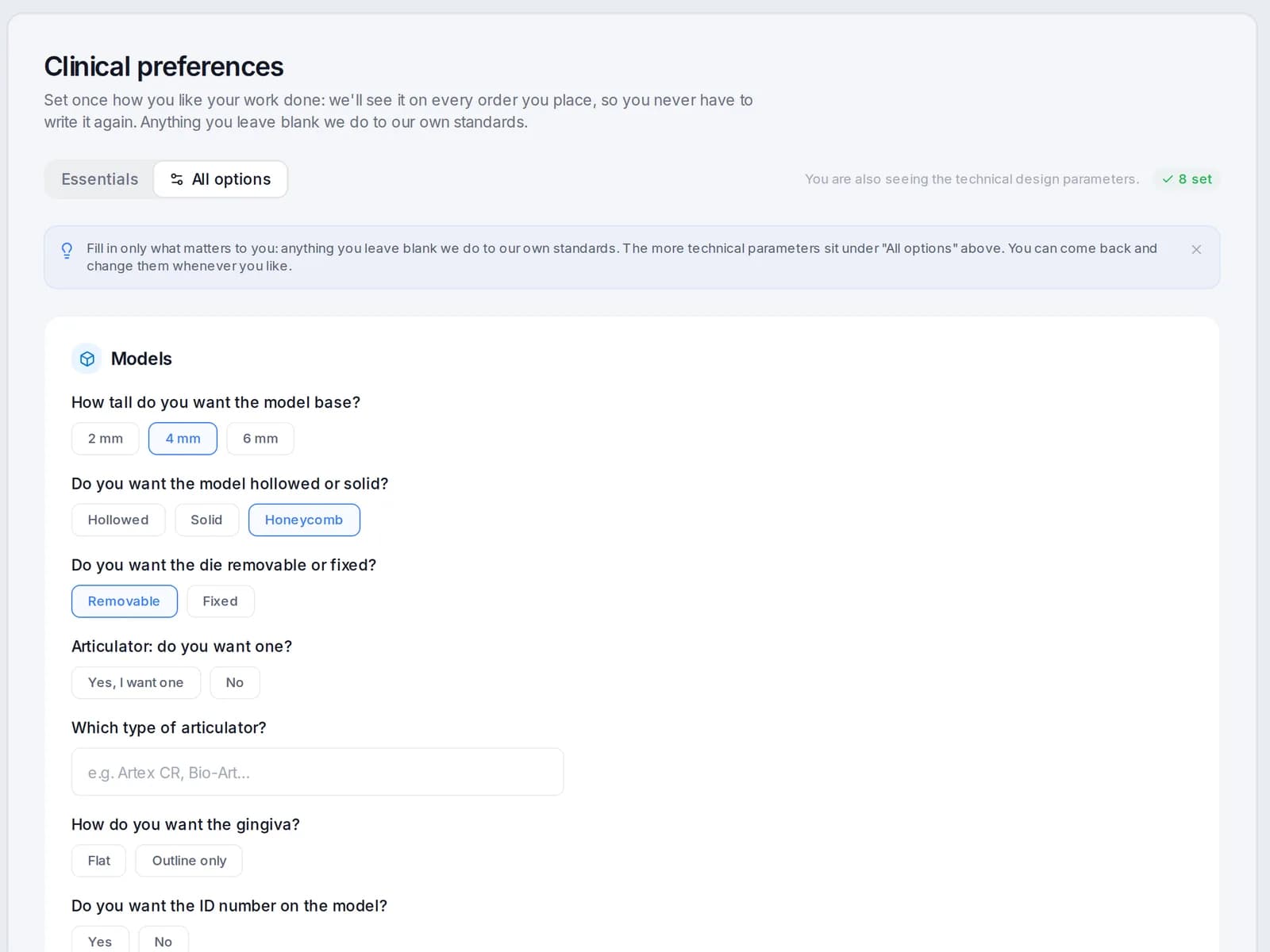 Clinical preferences: the Models section with the questions on the base, the die and the articulator