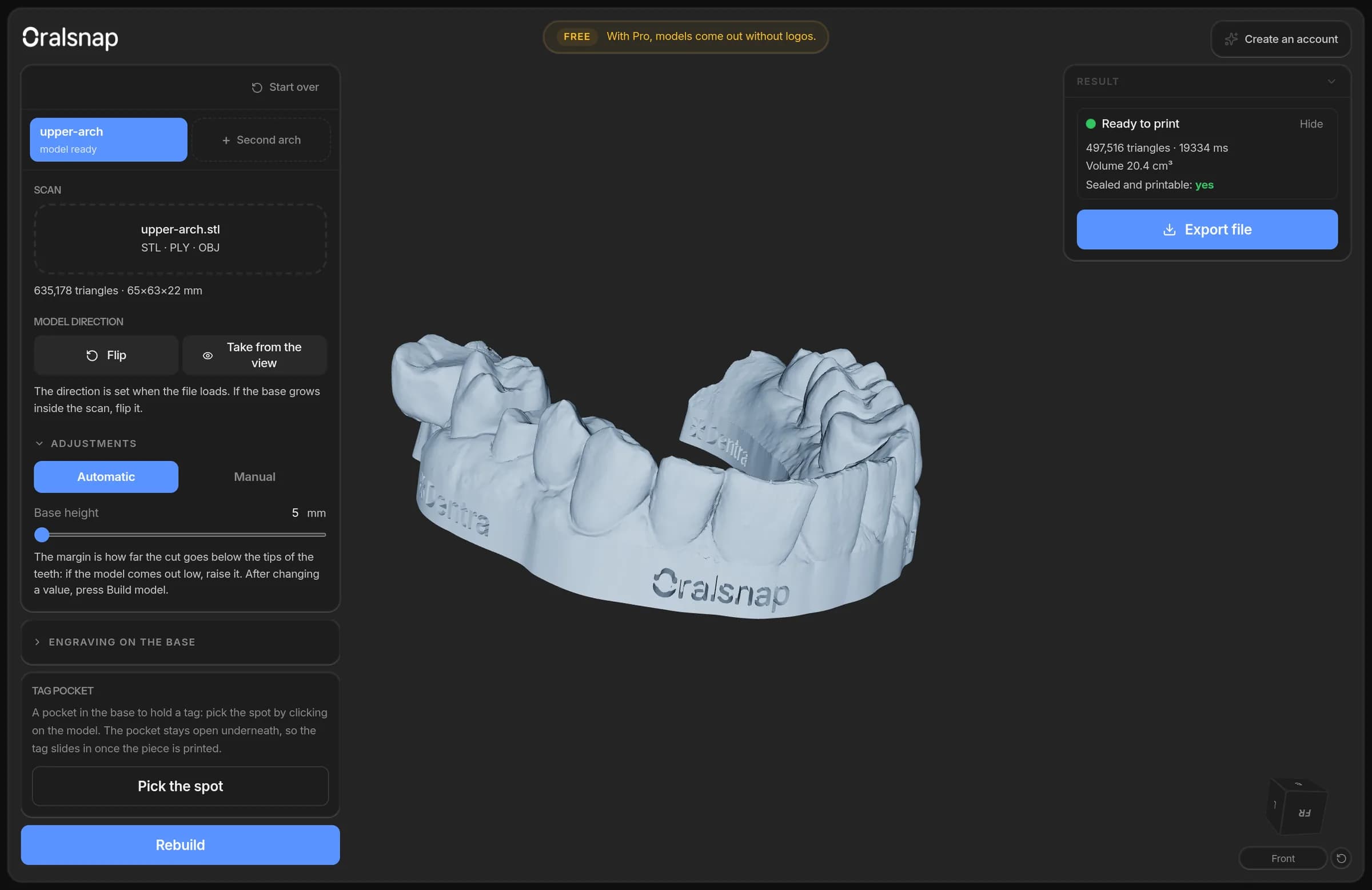Oralsnap Model in the browser: the uploaded scan, the settings on the left and the model ready to print