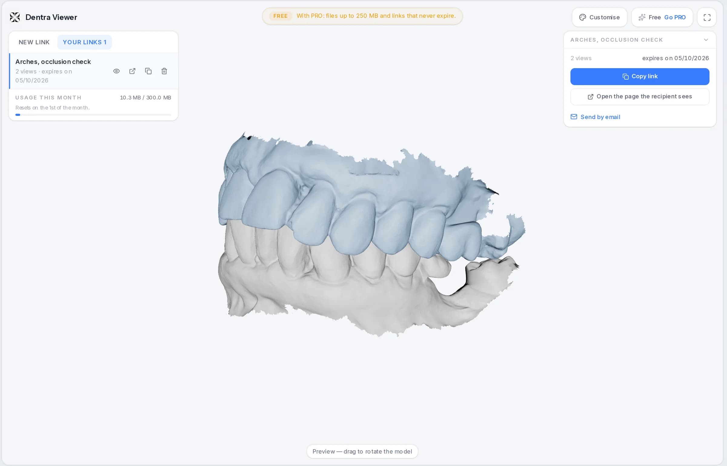 Dentra Viewer in the browser: your links on the left, the arches in the middle and, on the right, the link to copy or email