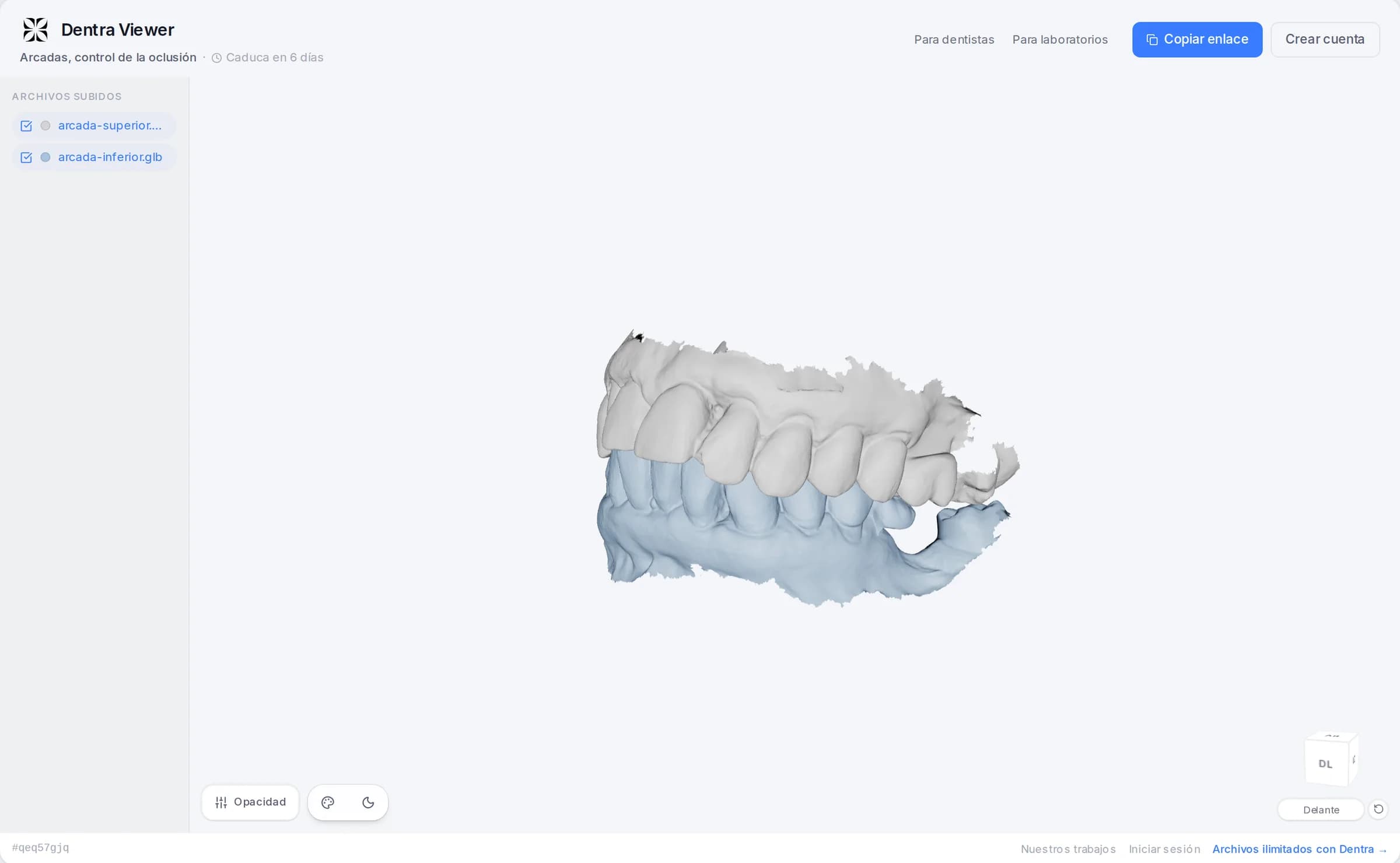 La página que ve quien recibe el enlace: las dos arcadas en 3D, la lista de archivos y la caducidad