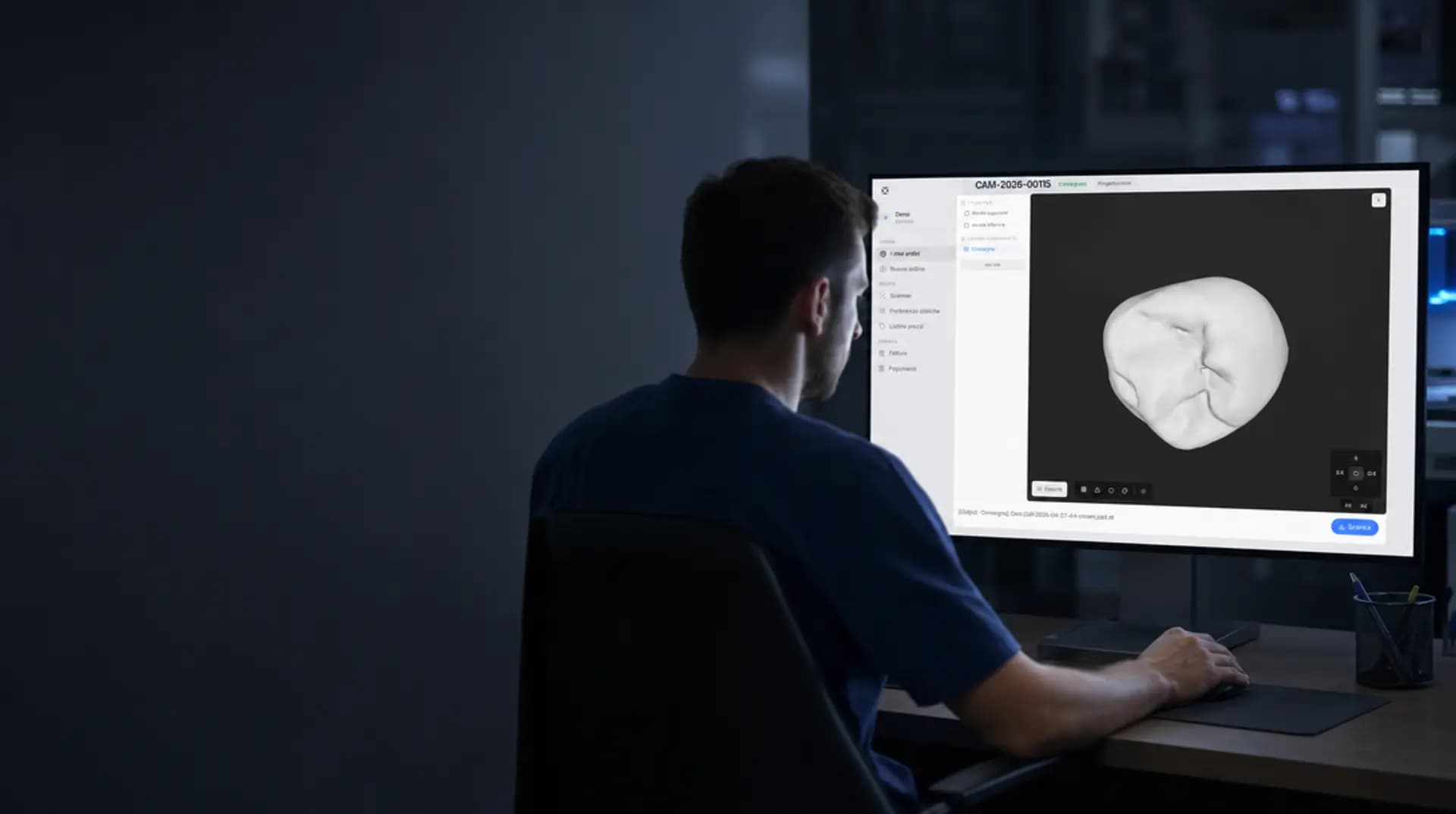 Un odontotecnico al computer di sera, con il lavoro aperto sullo schermo